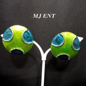 Vintage Enamel Earrings, Blue Lime Green Large Round Clips, 1 1/4 Inches